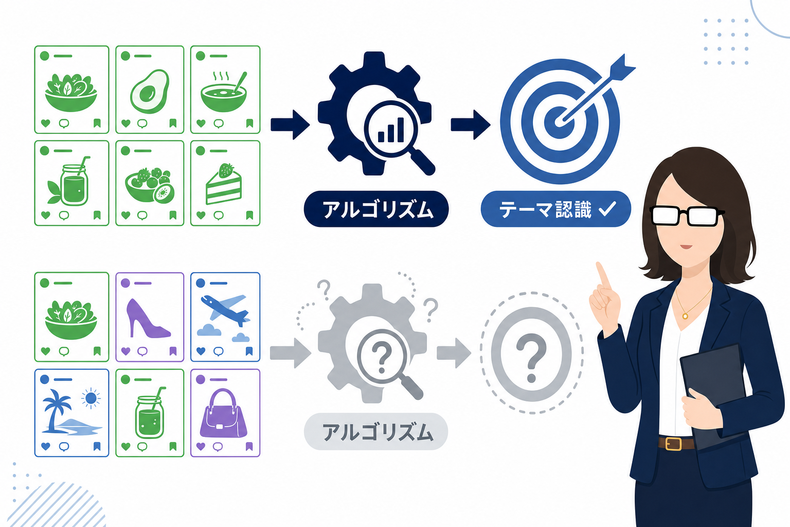 アルゴリズムがアカウントのテーマを認識するプロセスのシンプルな図解