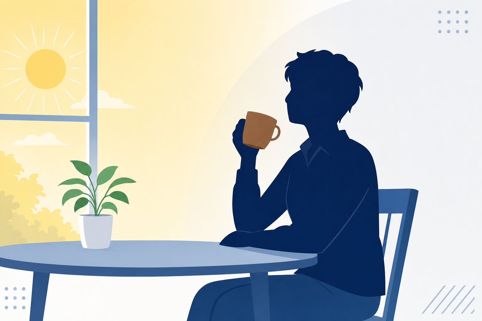 朝の光の中でコーヒーを飲みながらゆっくり話す人のシルエット