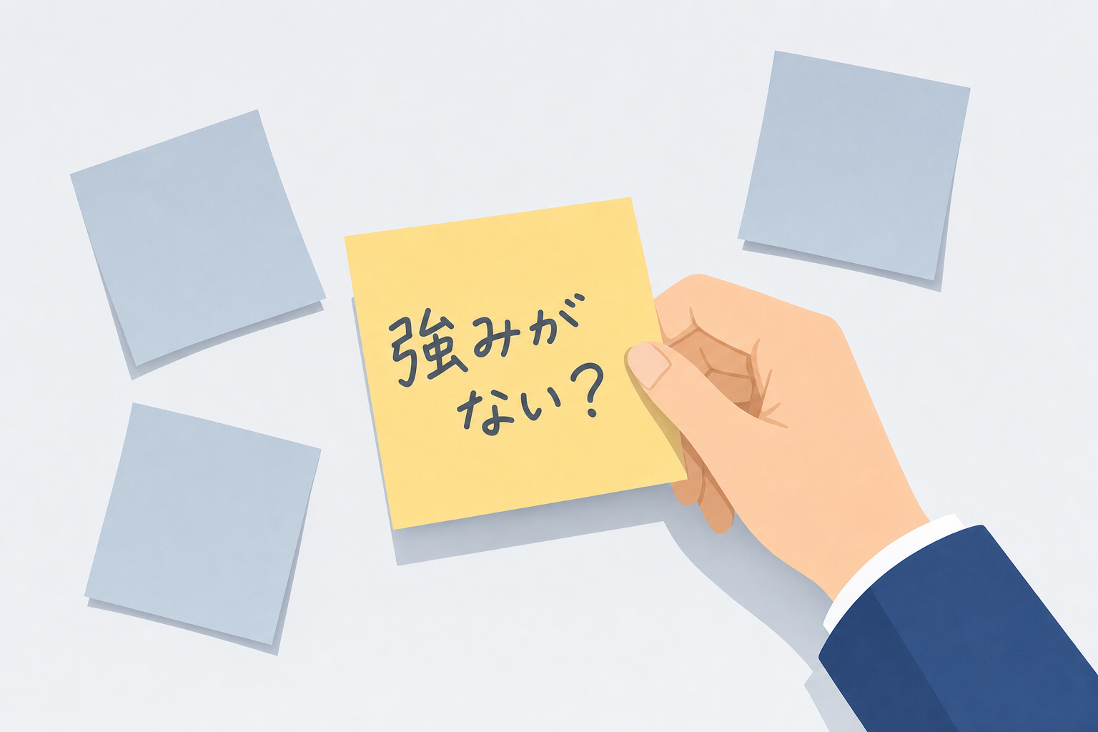 「強みがない?」と書かれた付箋をじっと見る手元のイメージ