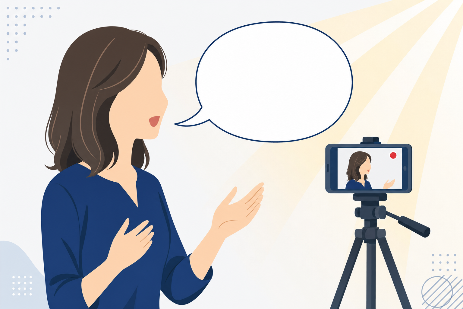 自分の弱みを勇気を持って発信し始めた女性のイメージ。カメラに向かって話す横顔