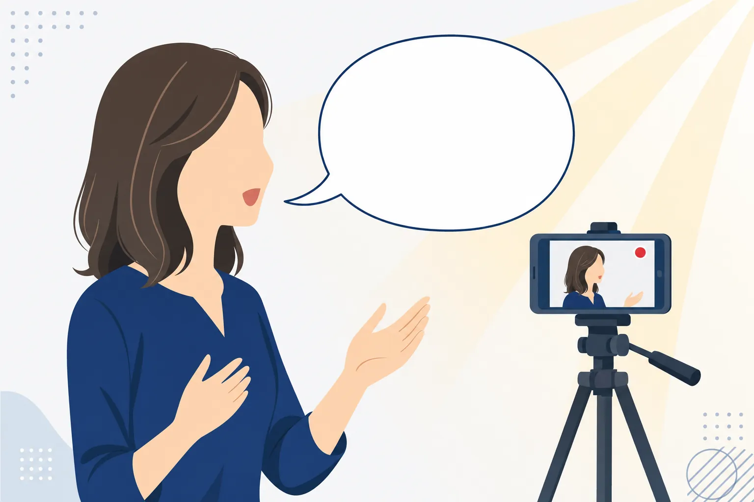 自分の弱みを勇気を持って発信し始めた女性のイメージ。カメラに向かって話す横顔