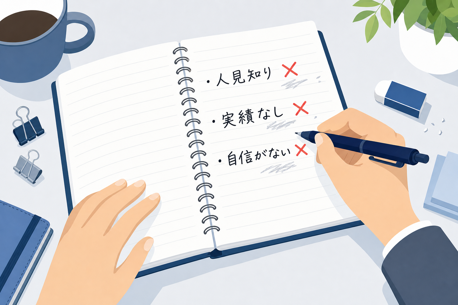 「発信できない理由リスト」をノートに書いている手元。人見知り・吃音・実績なし、などが並ぶ