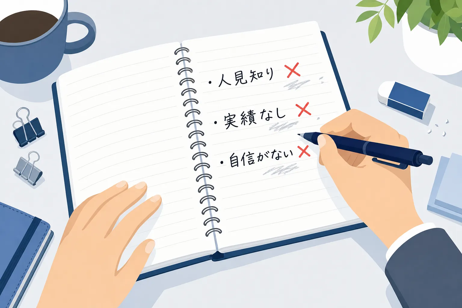 「発信できない理由リスト」をノートに書いている手元。人見知り・吃音・実績なし、などが並ぶ