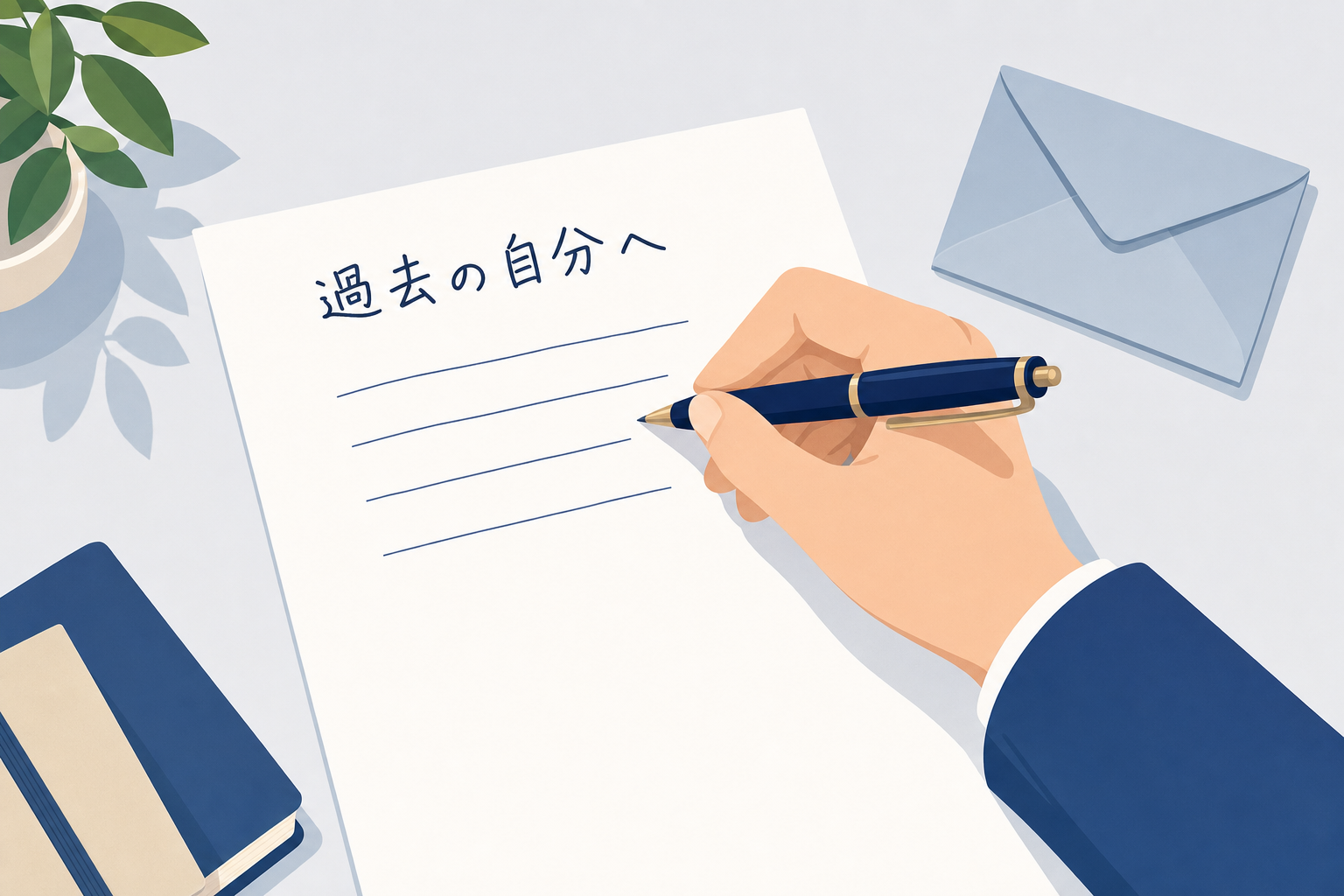 「過去の自分に言葉をかける」イメージ。手紙を書いている手元
