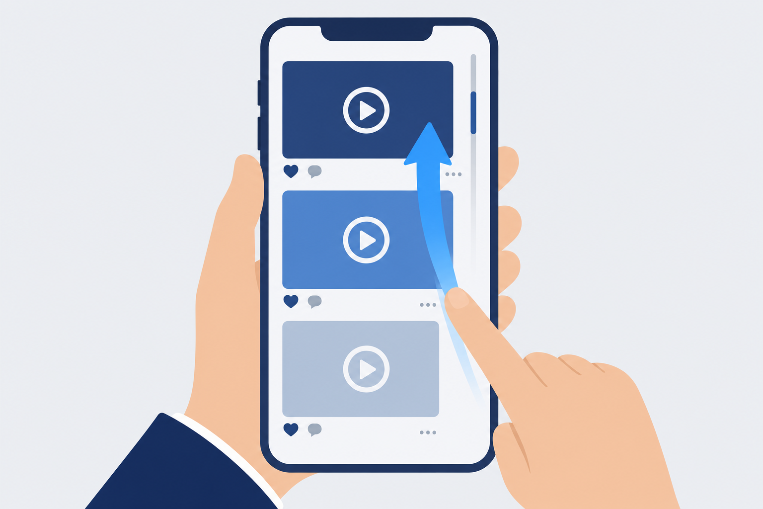スマートフォンのショート動画フィードをスクロールする手元のクローズアップ