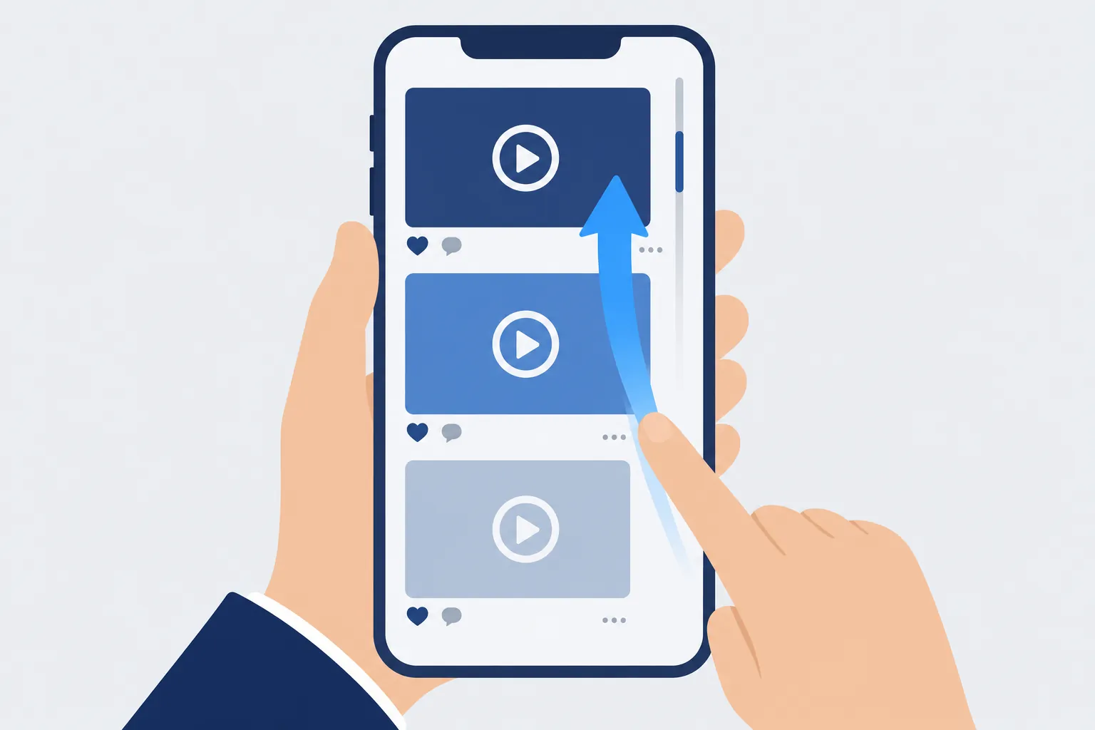 スマートフォンのショート動画フィードをスクロールする手元のクローズアップ