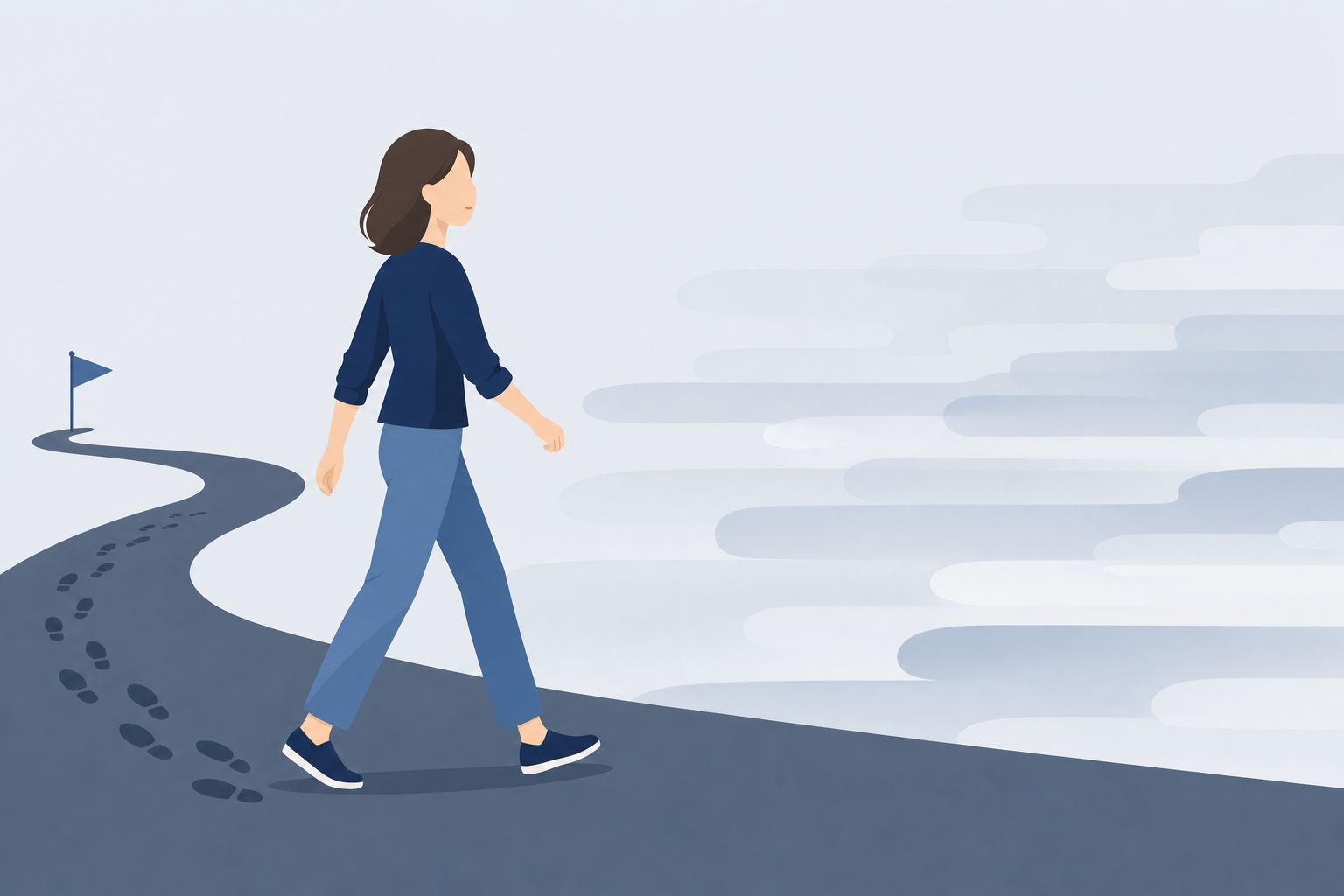長い道のりを歩いてきたのに霧の中にいる人のイラスト