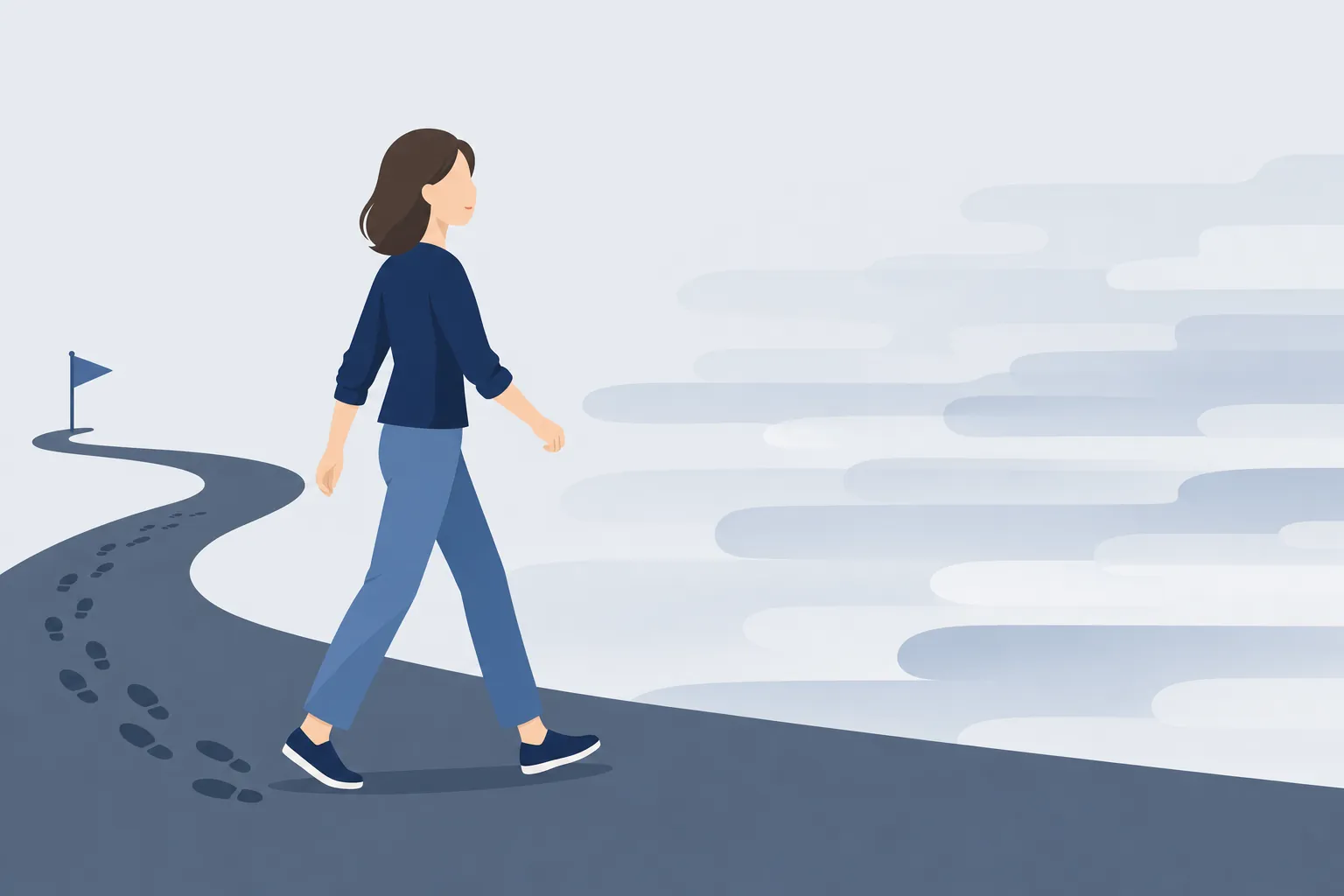 長い道のりを歩いてきたのに霧の中にいる人のイラスト
