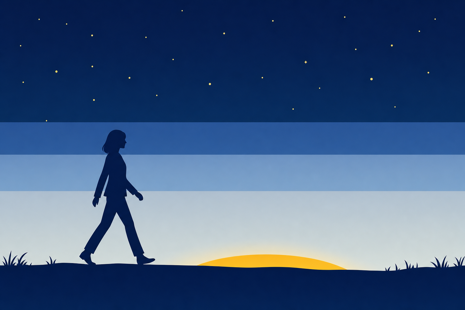 夜明け前の静かな空と、一歩ずつ歩く人のシルエット