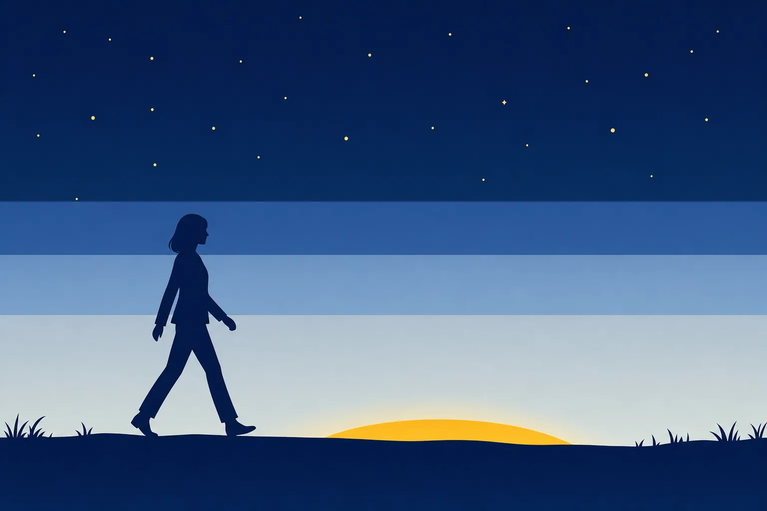夜明け前の静かな空と、一歩ずつ歩く人のシルエット