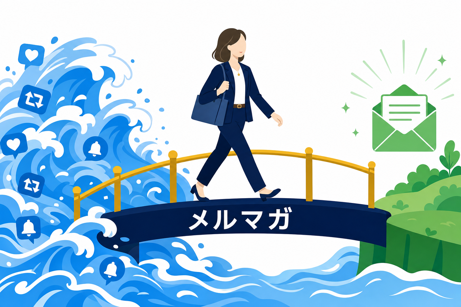 巨大なSNSの波間でメルマガという橋を渡るビジネスパーソンのイメージイラスト