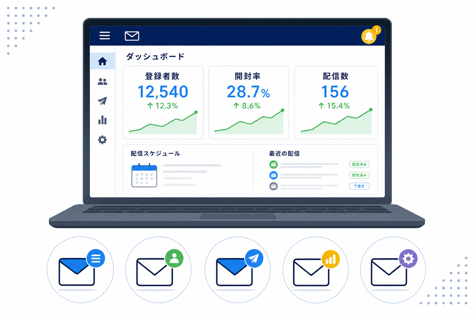パソコン画面にメルマガツールのダッシュボードが表示されているイメージ