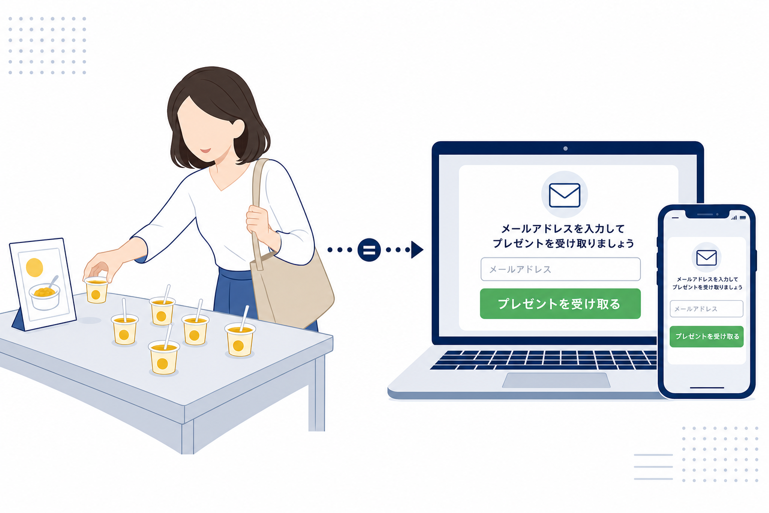 試食コーナーで商品を手に取る人のシーンと、メルマガ登録フォームを重ねたイメージ