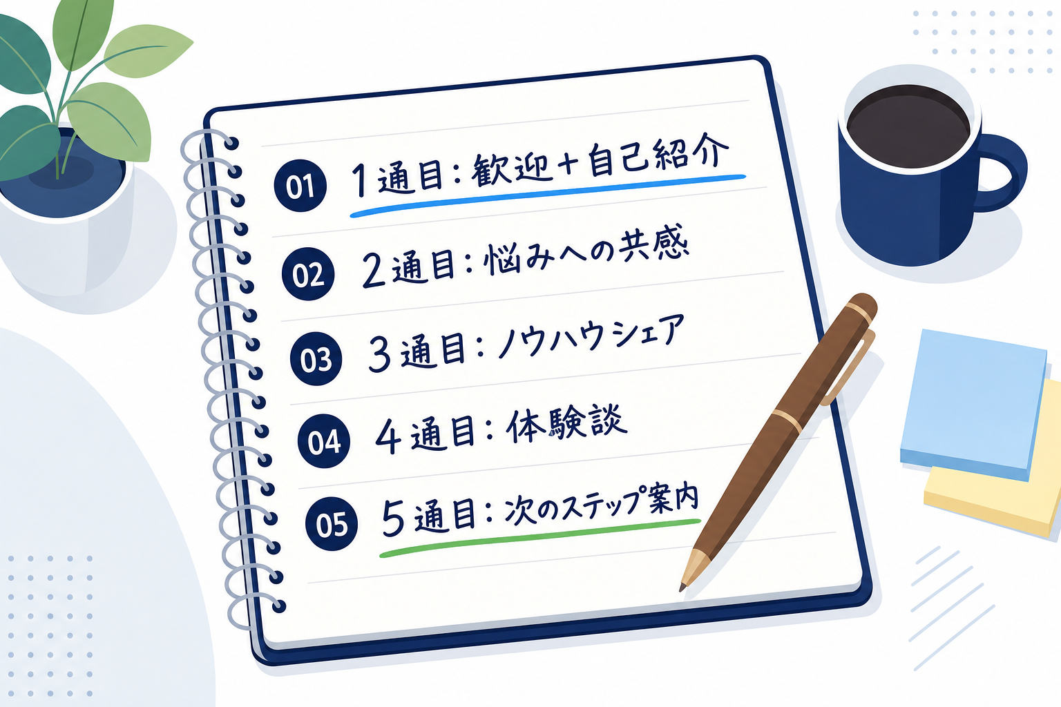 ステップメール1通目〜5通目のテーマ例を示したノートのイラスト