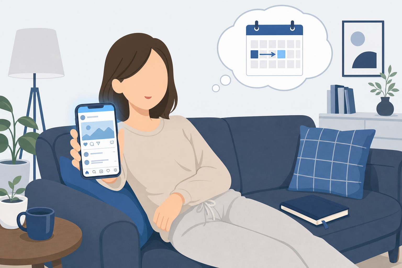 ソファに座ってスマホを見ながら「明日からやろう」と思っているイメージ