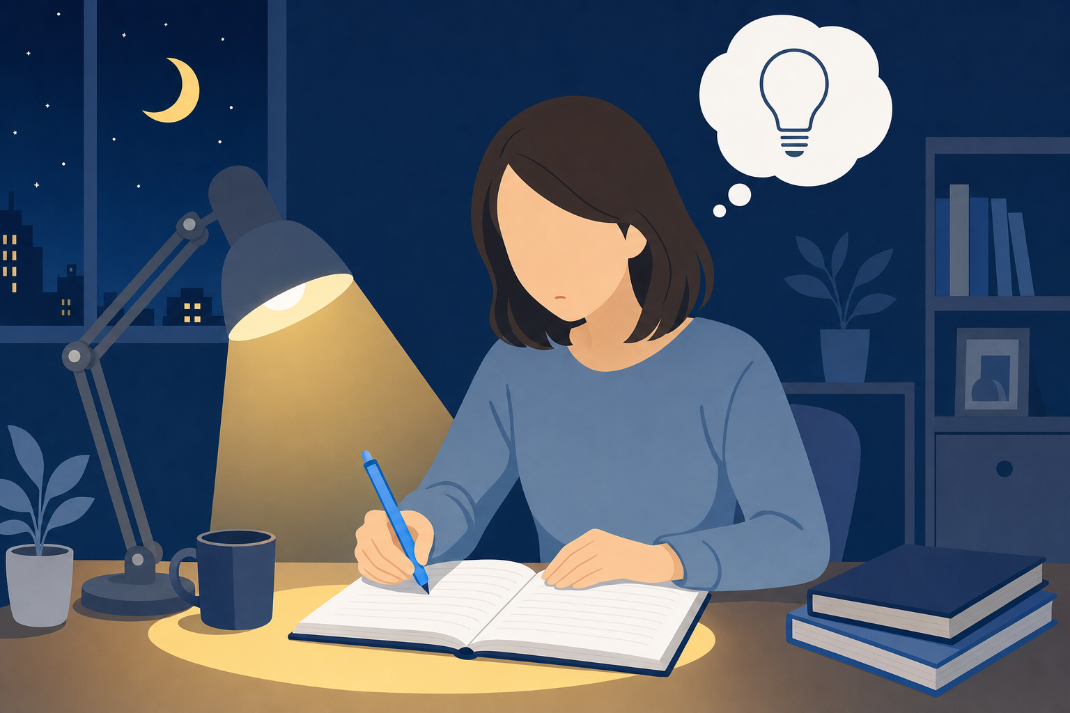 深夜に「本当に自分がしたいことは何か」と問いかけながらノートに書いている女性