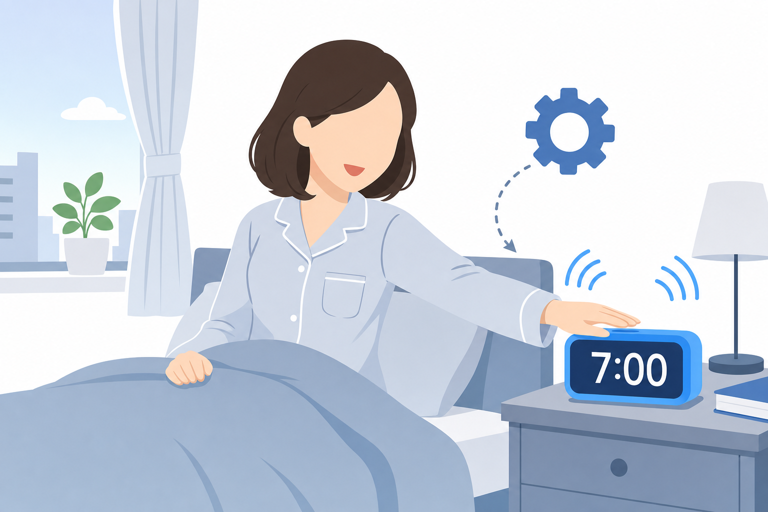 朝7時にアラームが鳴って自動的に起き上がっている女性のイメージ