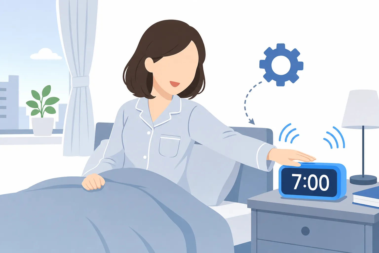 朝7時にアラームが鳴って自動的に起き上がっている女性のイメージ
