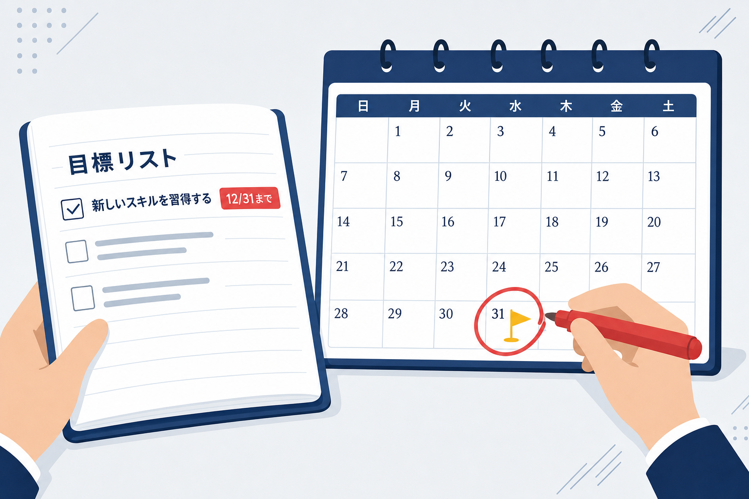 カレンダーに赤丸で期日を書き込んでいる手元