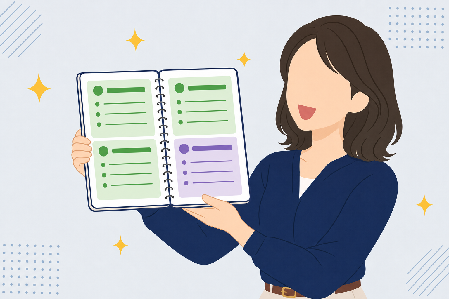 4つのマスが埋まった目標設定ノートを嬉しそうに眺めている女性