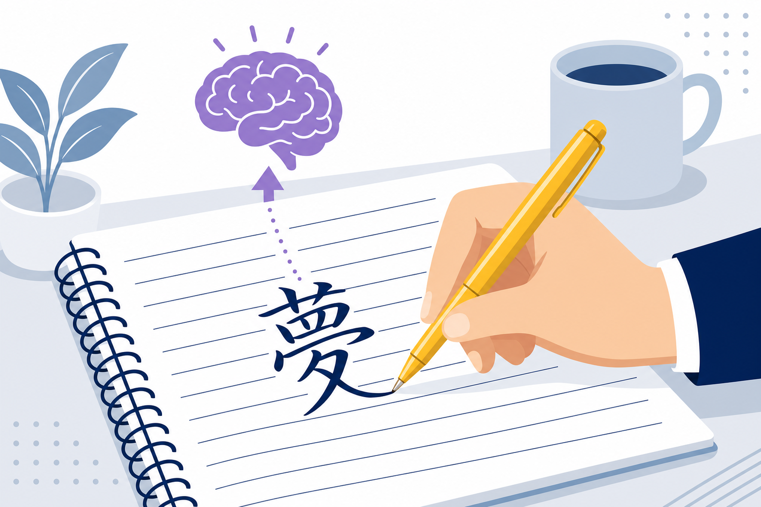 ペンでノートに目標を丁寧に書き込んでいる手元のアップ