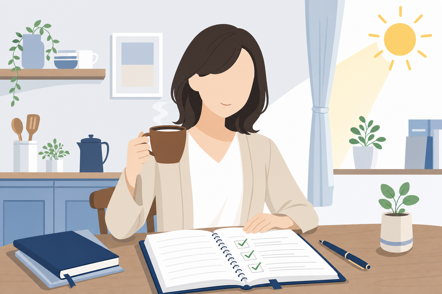 毎朝コーヒーを飲みながら手帳を開いて目標を読み返す習慣のある人