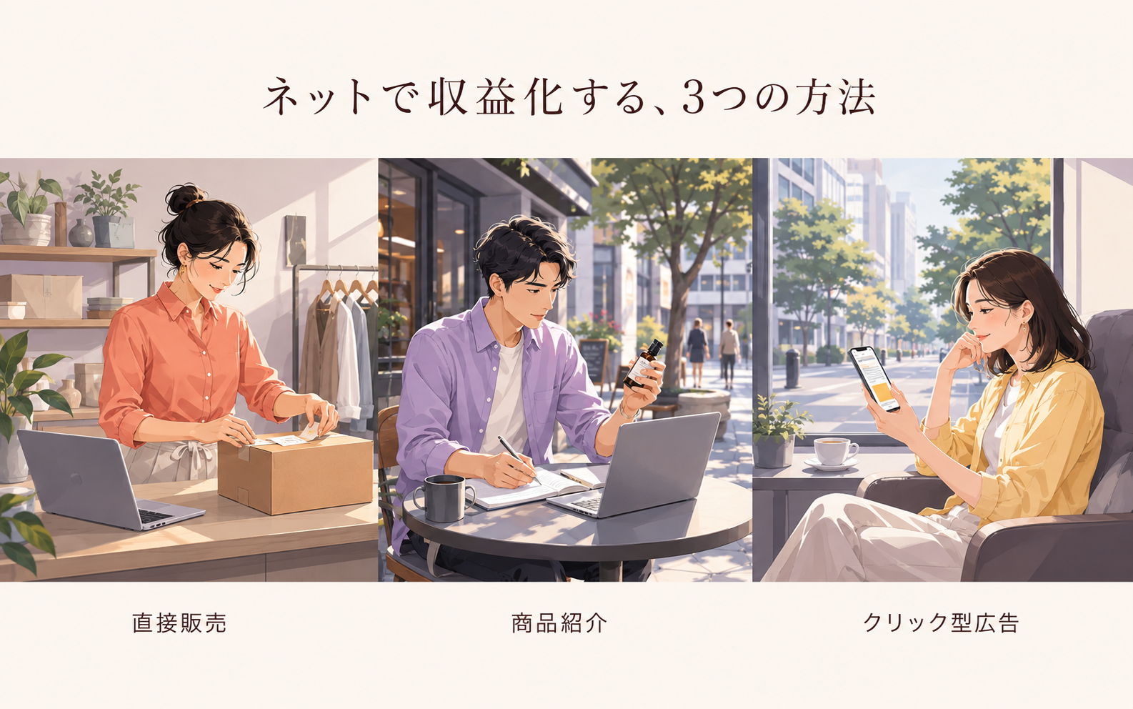 直接販売・商品紹介・クリック型広告を示す3つの仕事の場面