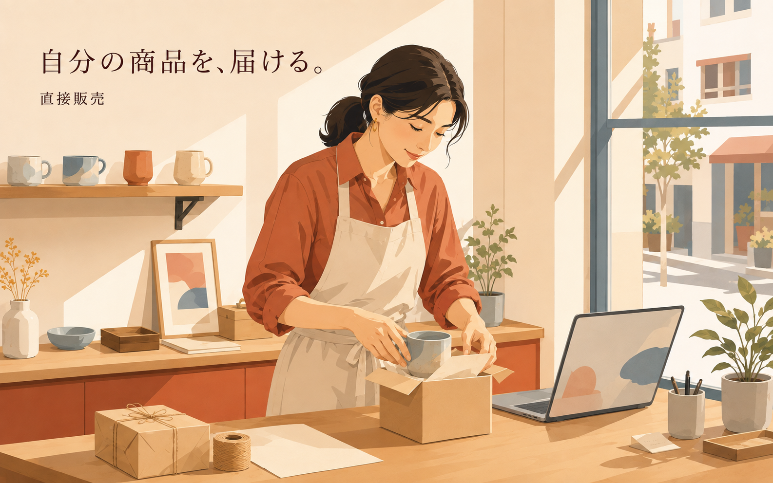 ネットショップの注文を受け、自分の商品を梱包する販売者