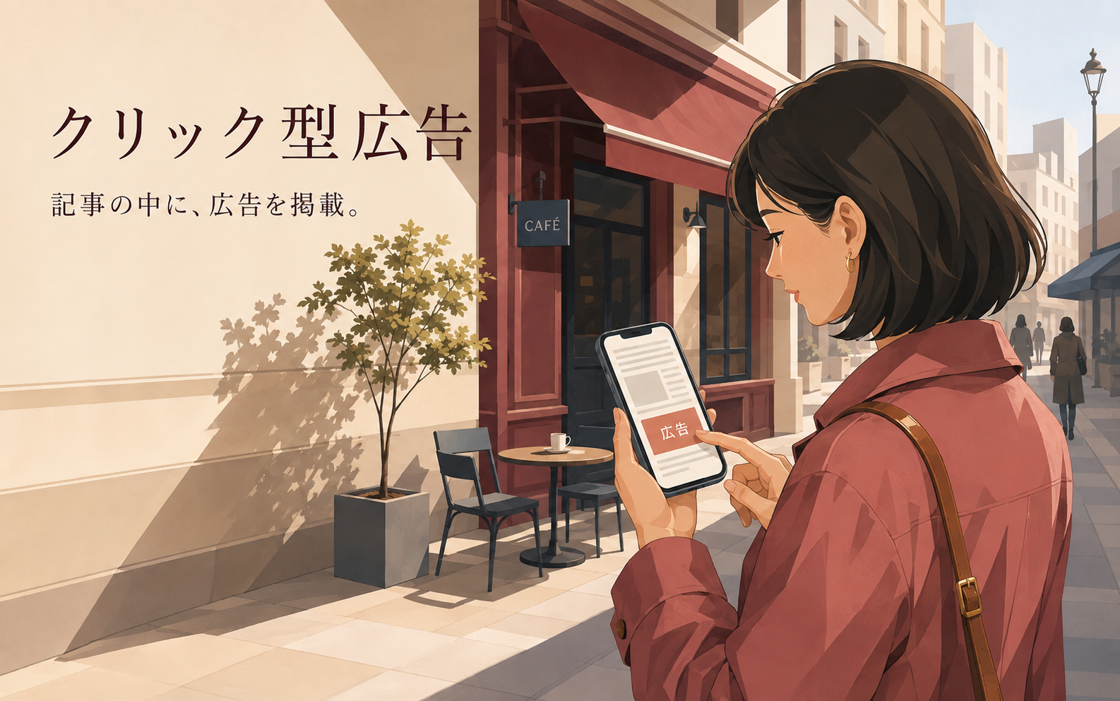街角で記事を読み、画面内の広告に触れる読者