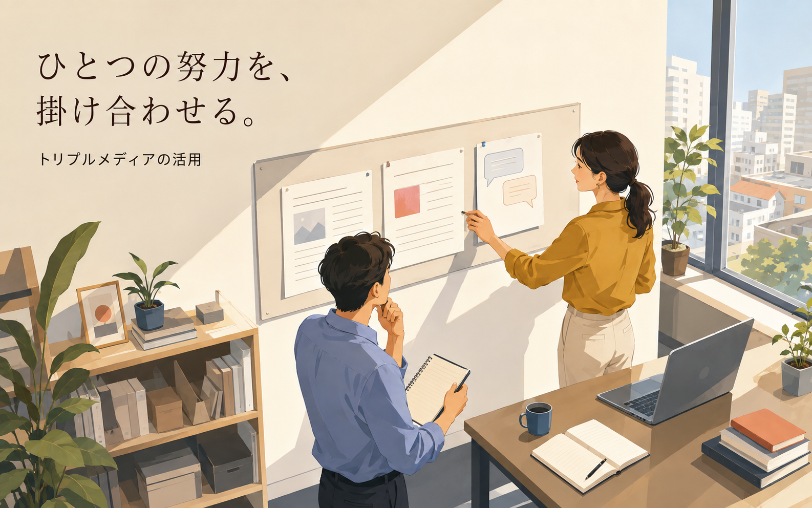 発信と広告を組み合わせる計画を立てる2人