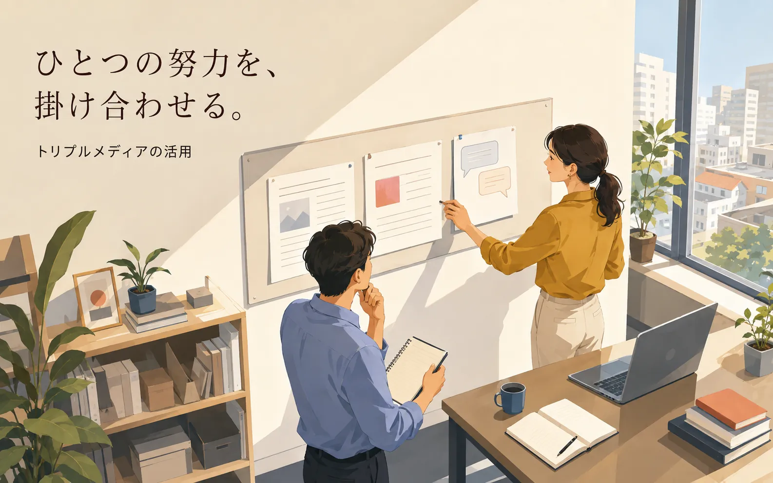 発信と広告を組み合わせる計画を立てる2人