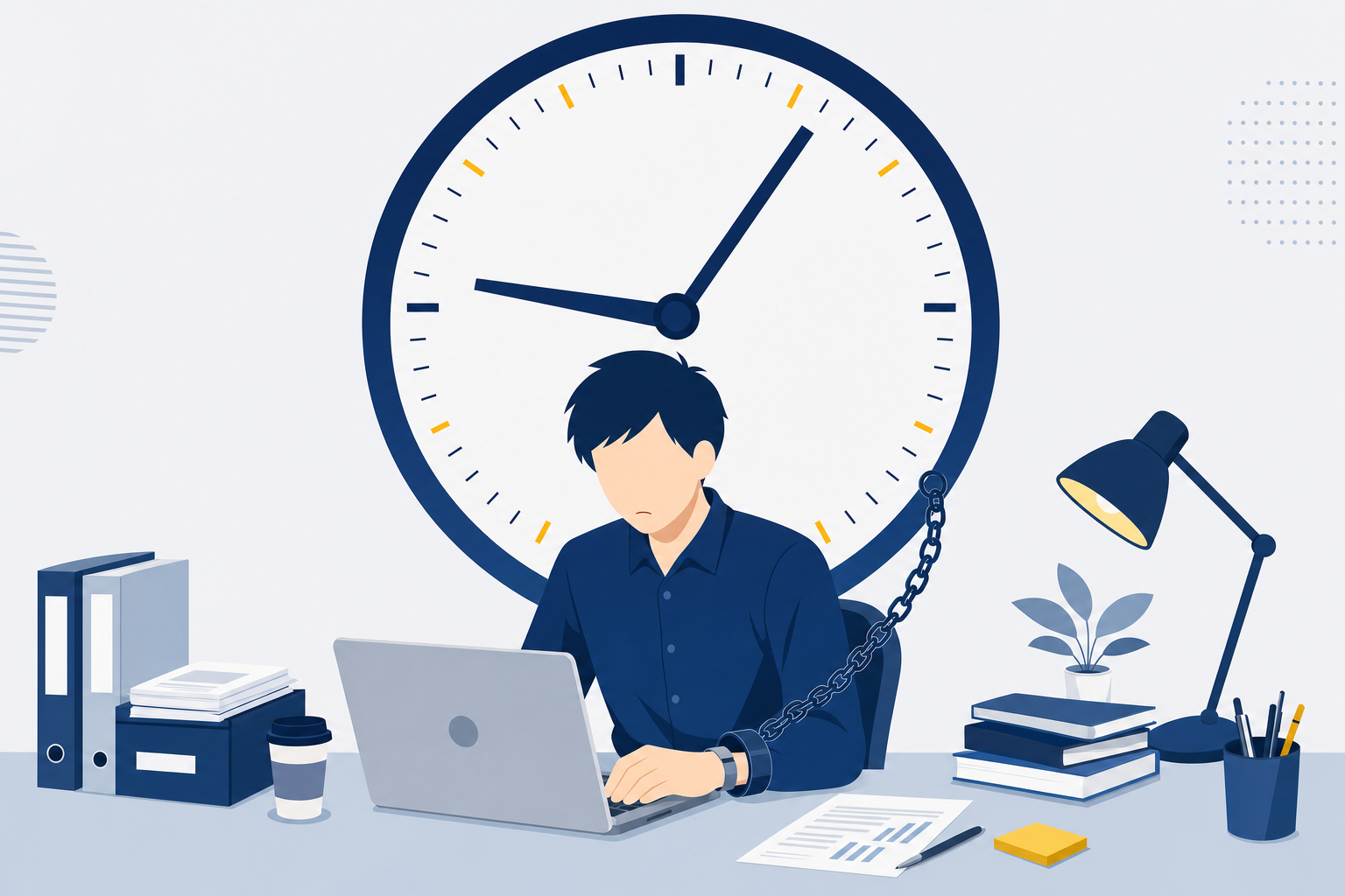 時計に縛られたように座る会社員のシルエット、「時間の制約」を表すイラスト