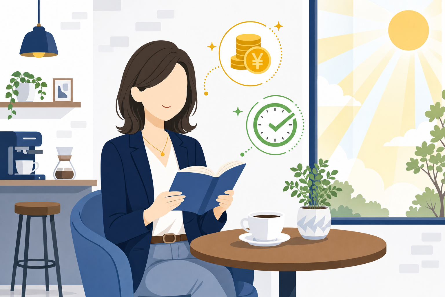 ゆったりしたカフェで本を読む余裕ある人物のイラスト、「時間とお金が両立する状態」を表現