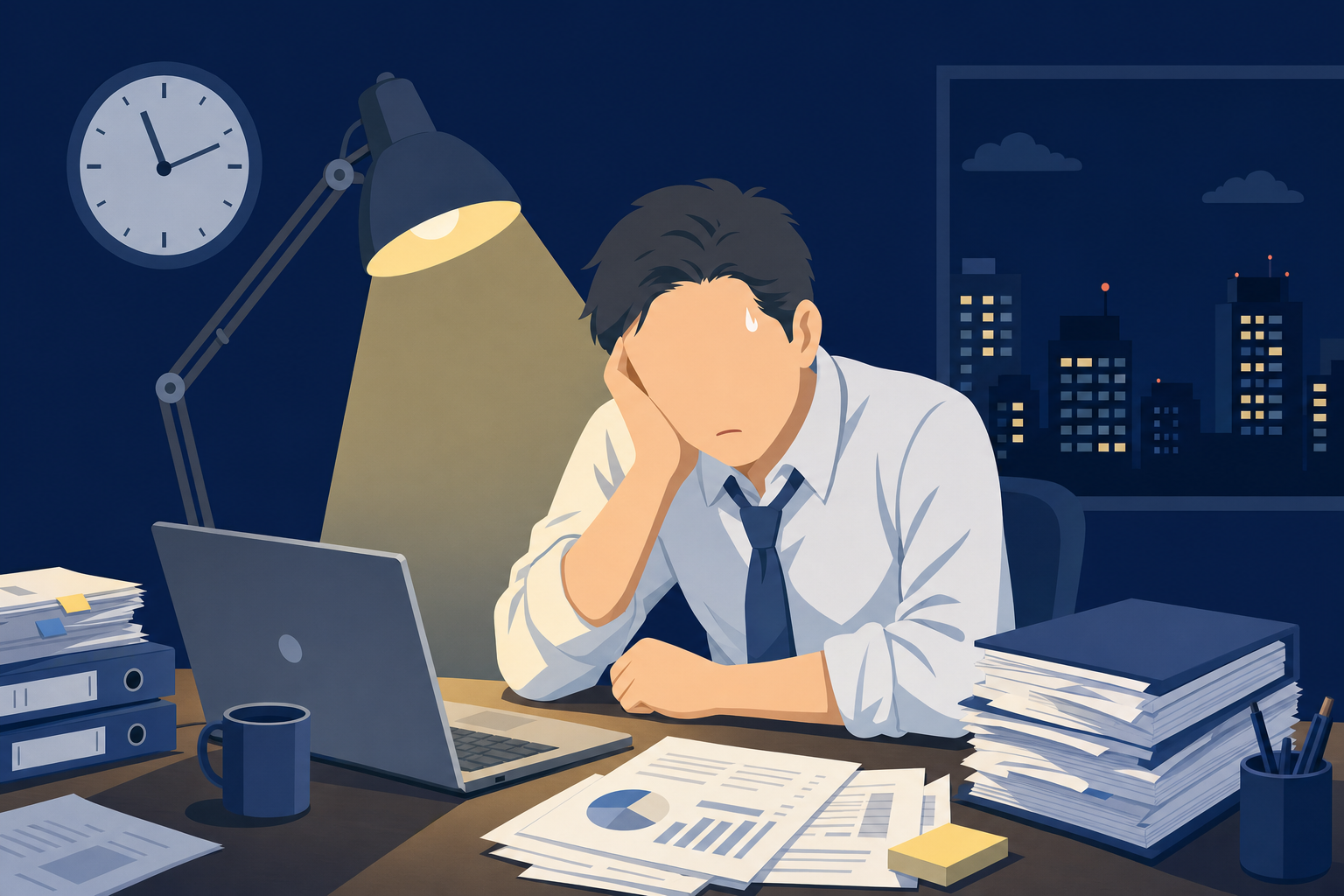 疲れた表情で深夜まで働く中高年のシルエット、「歳を取ってからのしんどさ」を表すイラスト