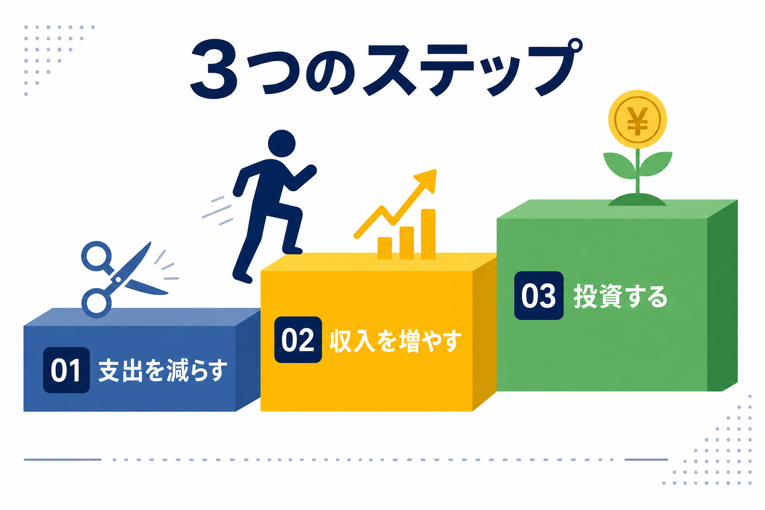 ステップ1・2・3を順番に示した階段状のイラスト、シンプルな図解