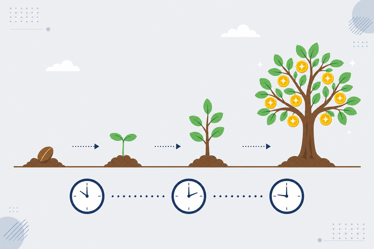 種を植えて、時間をかけて木が育っていく成長イメージのイラスト