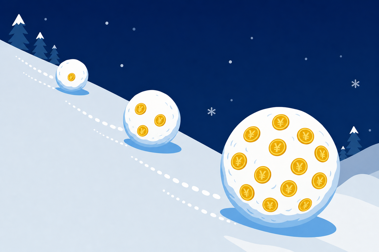 雪だるまが坂を転がって大きくなっていく複利のイメージイラスト