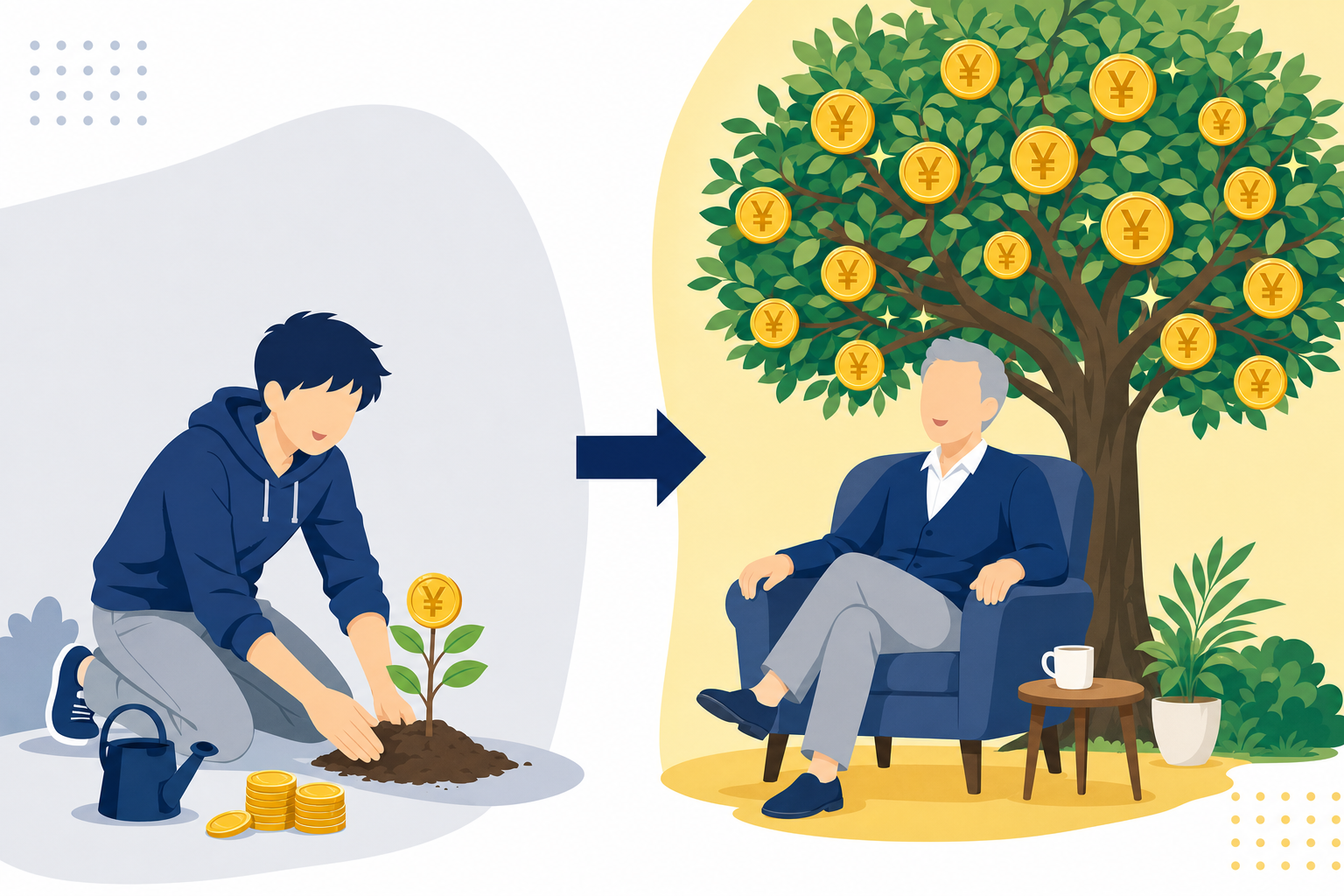 若い頃の積み上げが未来の余裕につながるイメージ、若者と高齢者の対比イラスト