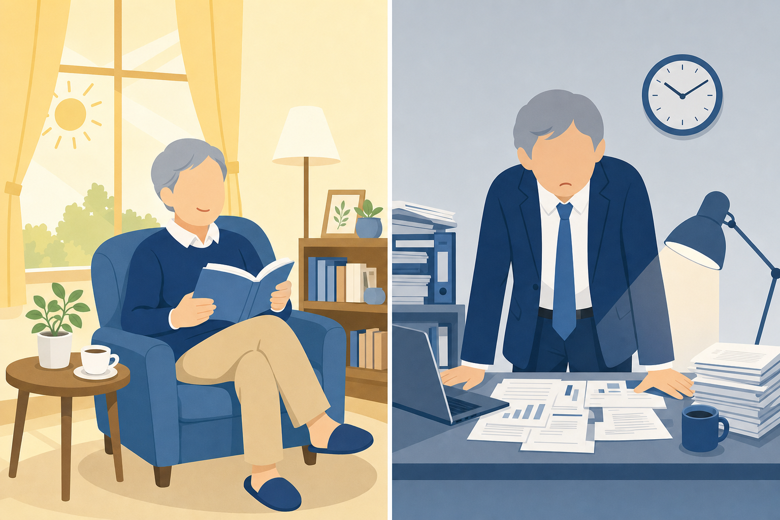 穏やかに老後を過ごす人物と、不安そうに働き続ける人物を対比したイラスト
