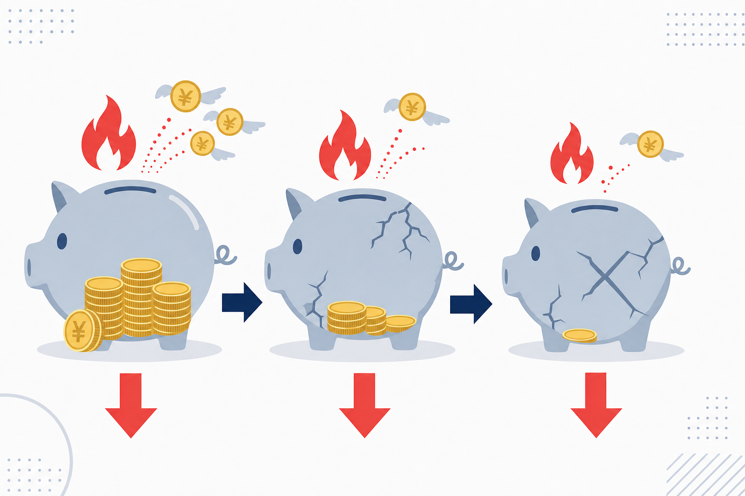 「何もしないリスク」を可視化したイラスト、じわじわ減っていく貯金残高のイメージ