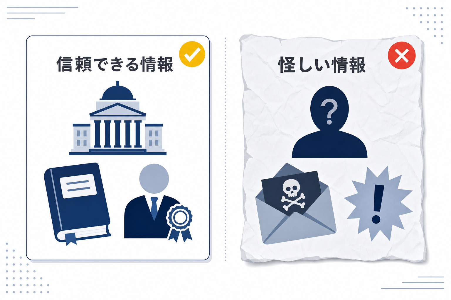 信頼できる情報源と怪しい情報源を比較するイラスト、公式マークあり・なしの対比