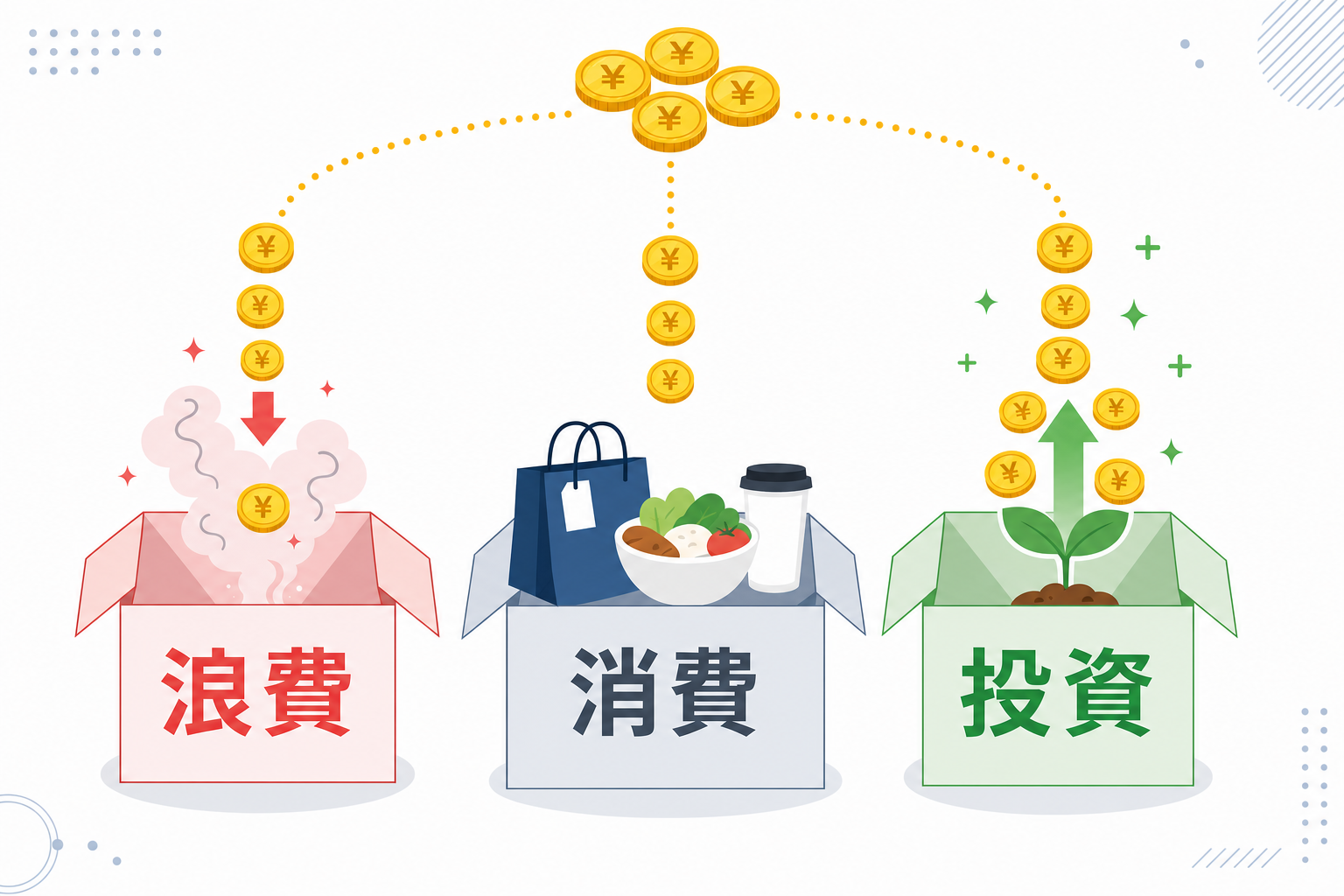 3つの箱(浪費・消費・投資)に仕分けされるコインのイラスト