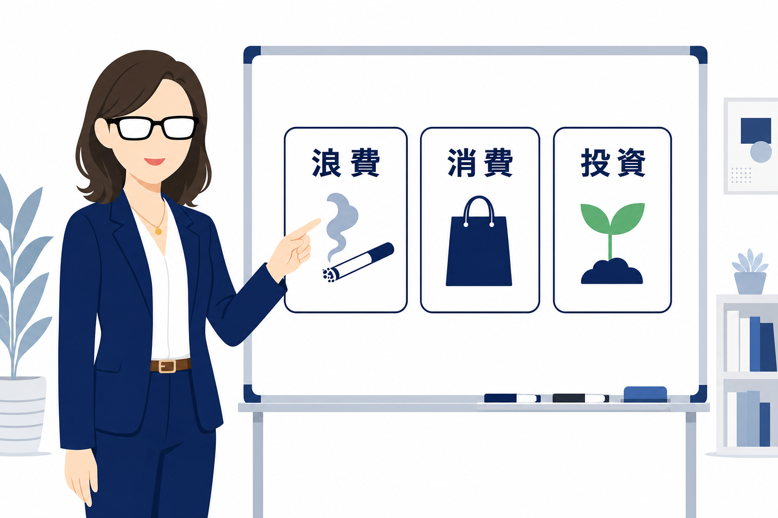 3分類をホワイトボードに書いて説明するシーン