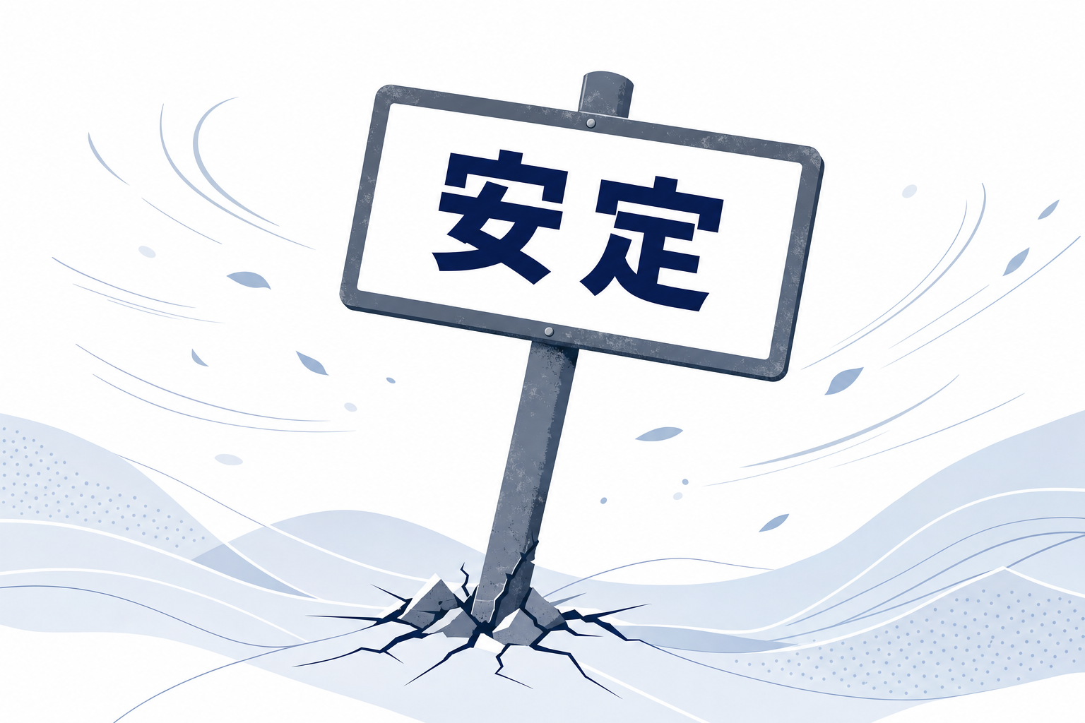 「安定」という看板が傾いているイラスト、時代の変化を表すイメージ