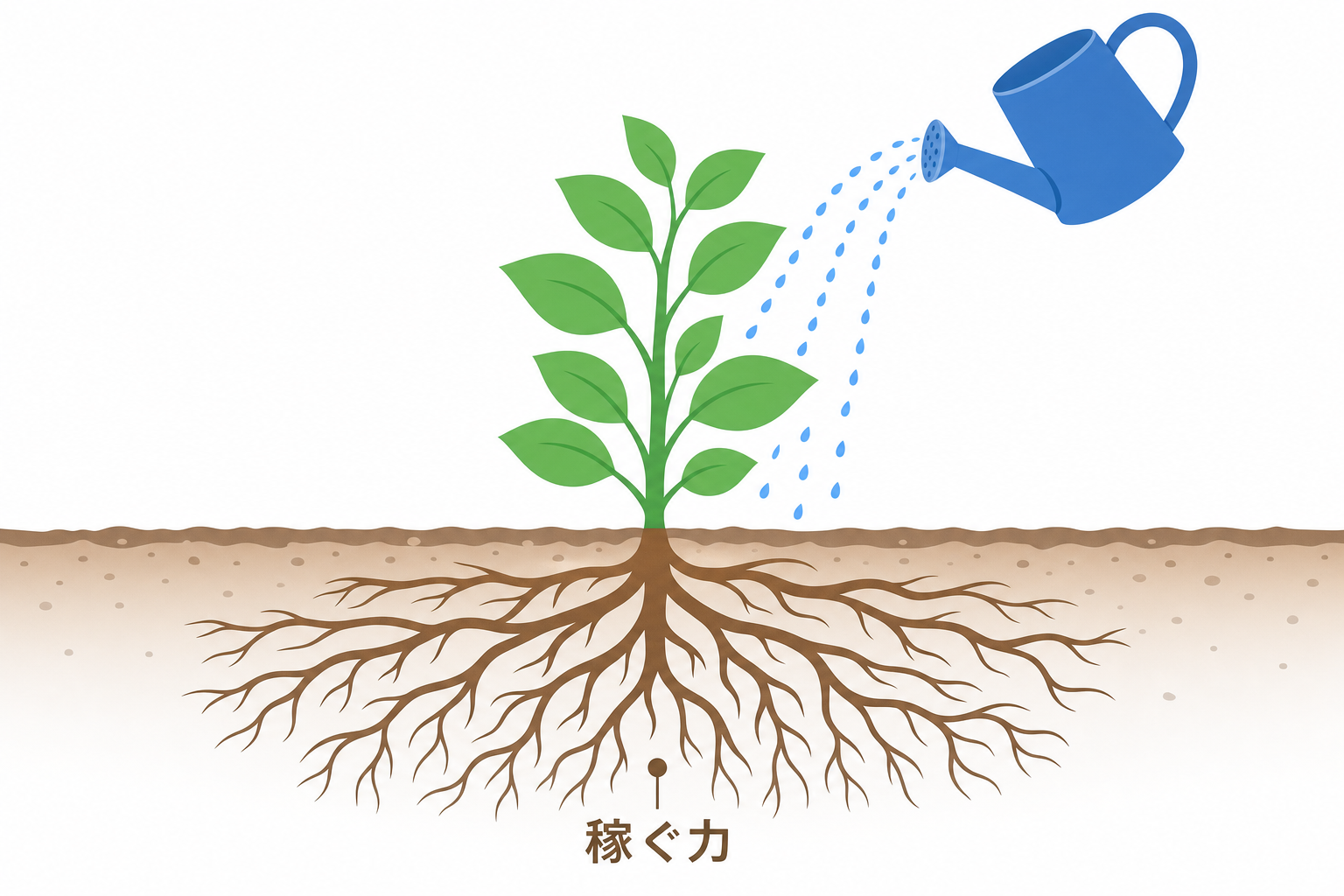 水を注がれて育つ植物、稼ぐ力が根っこになるイメージ