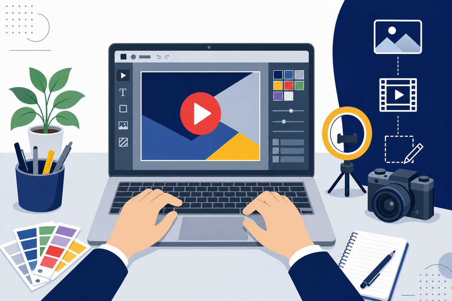 YouTubeのサムネイル作成をしているクリエイターの手元、照明とカメラのセットアップ