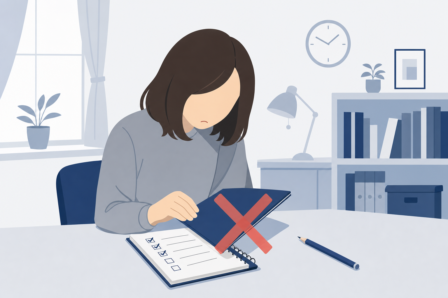 ひとつの習慣が続かず挫折している人のイメージ、やりかけのノートが閉じられている