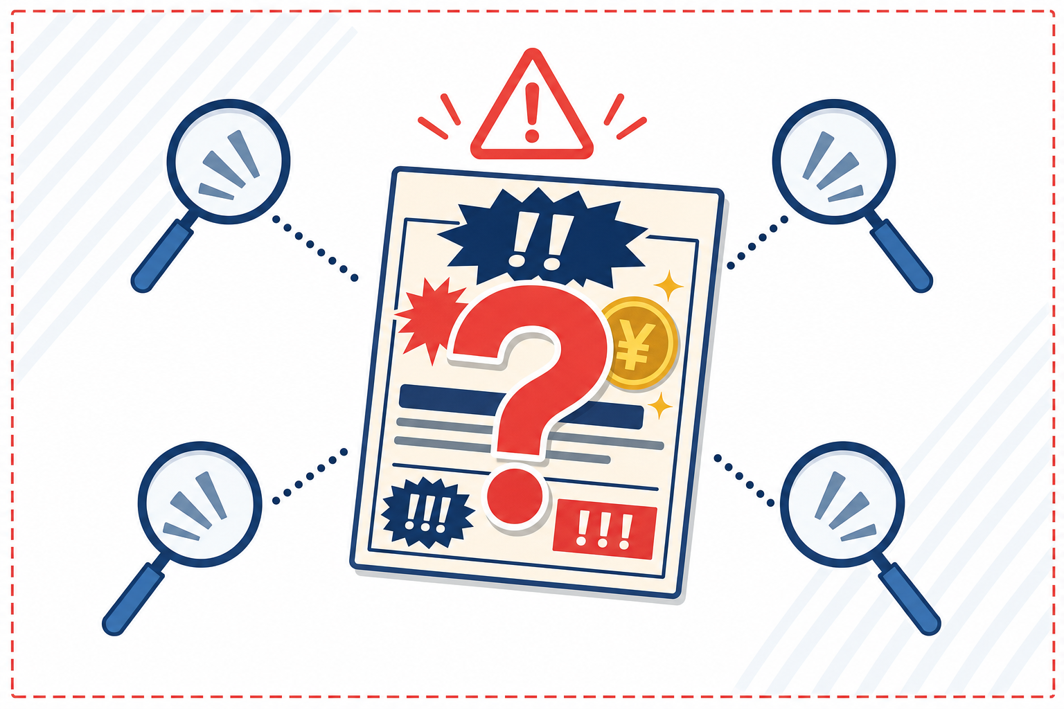 怪しいチラシや広告に大きな「?」が浮かんでいるイラスト