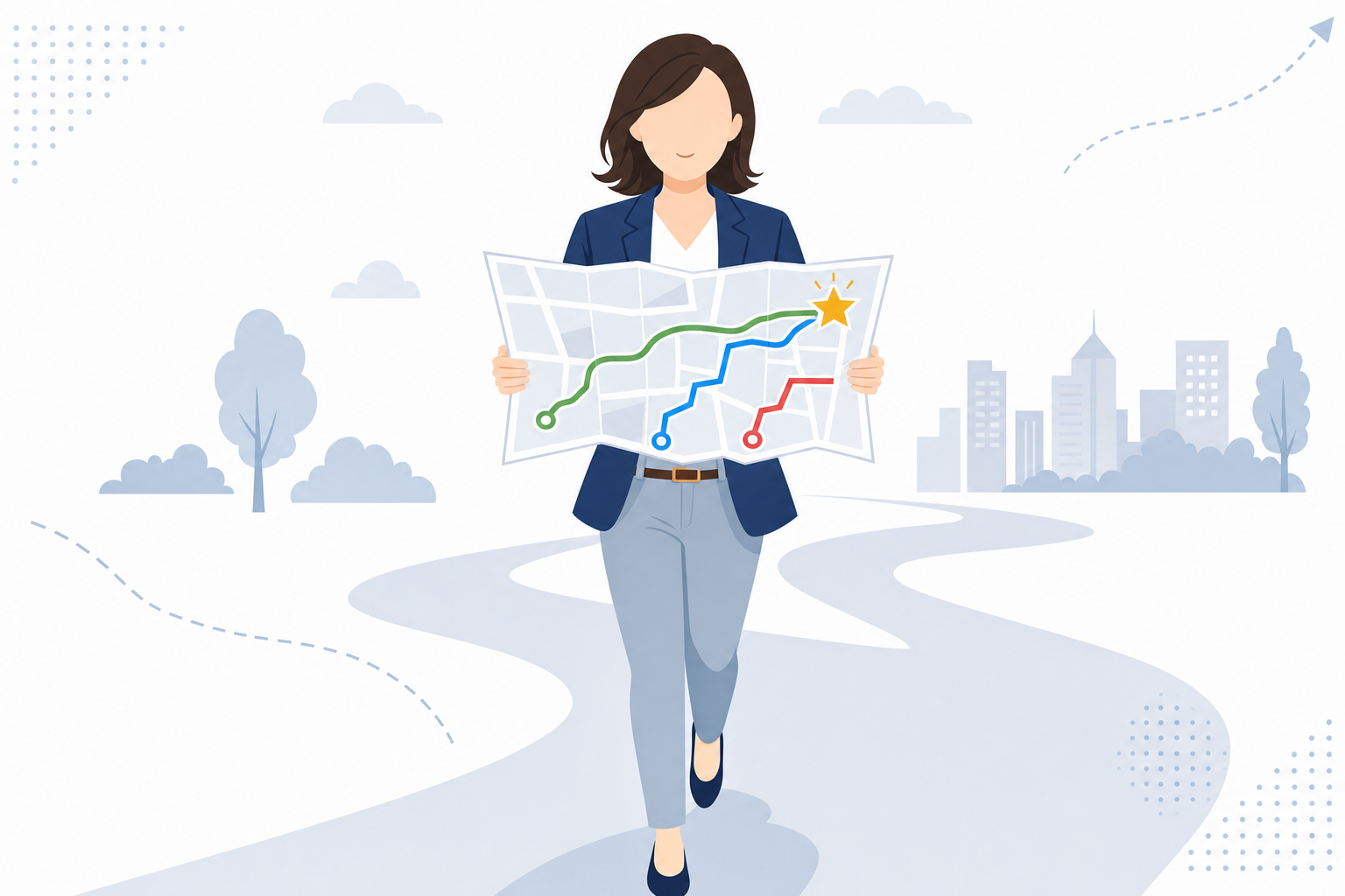 地図を持って前に進もうとしている人のイラスト、地図に複数のルートが描かれている