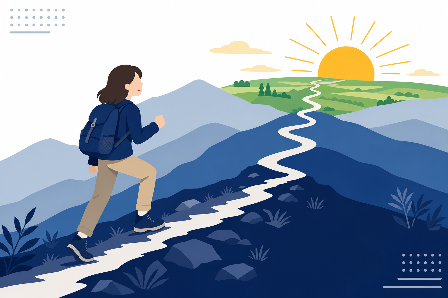 長い登り道の先に広大な景色が広がるイラスト、「継続の先にある景色」という雰囲気